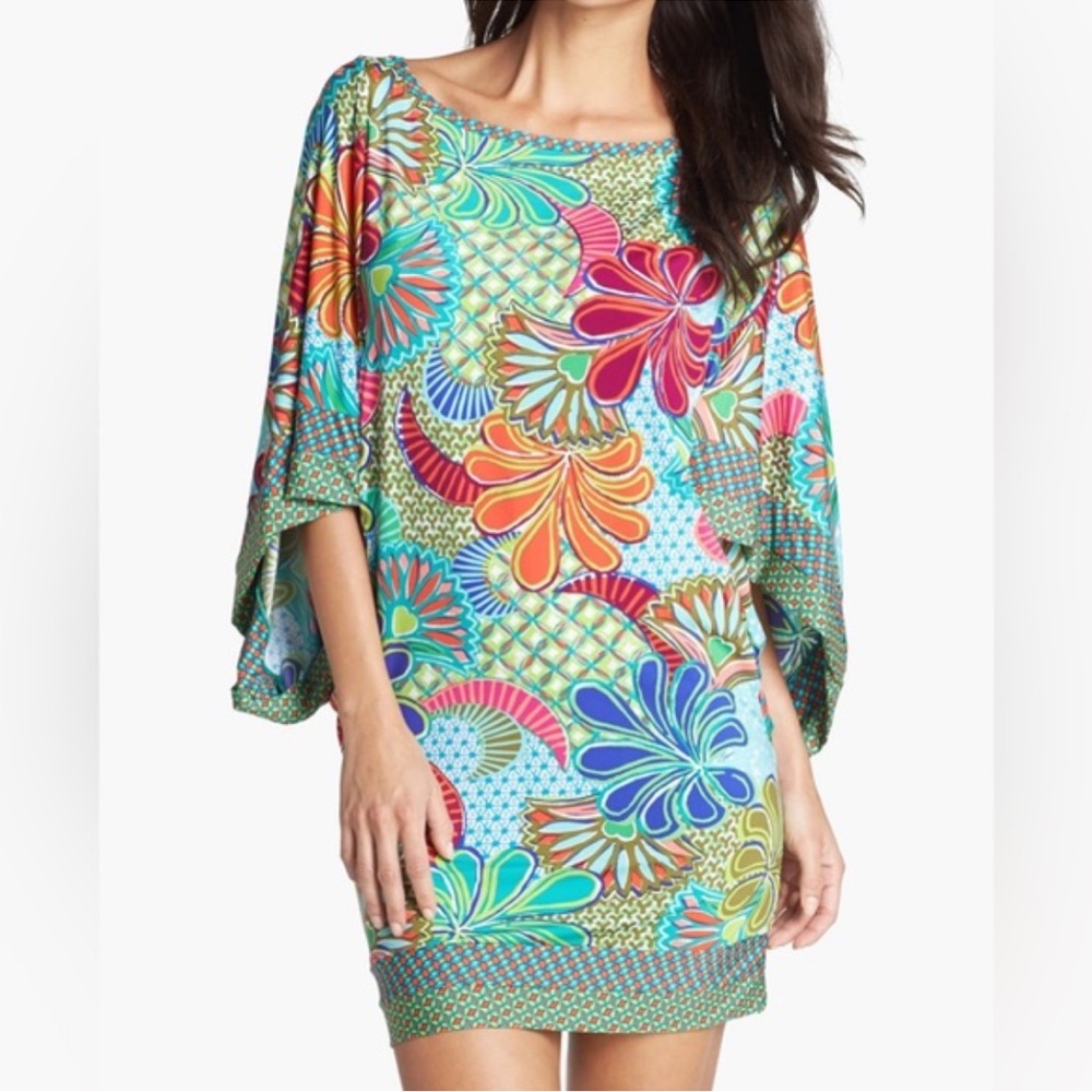 Trina Turk Zanzibar Tropical Tunic Mini Dress Beach Cover Up Medium Resort Wear
